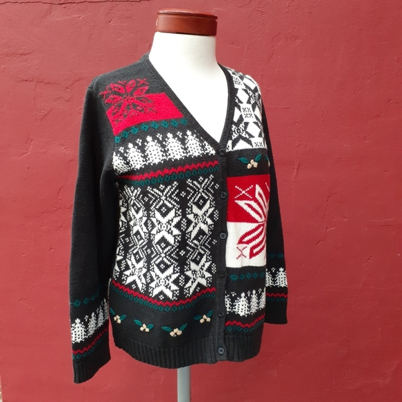 Sweater Vintage Y2K Nordic Fair Isle Snowflake Novelty Christmas Cardigan - Picture 3 of 6